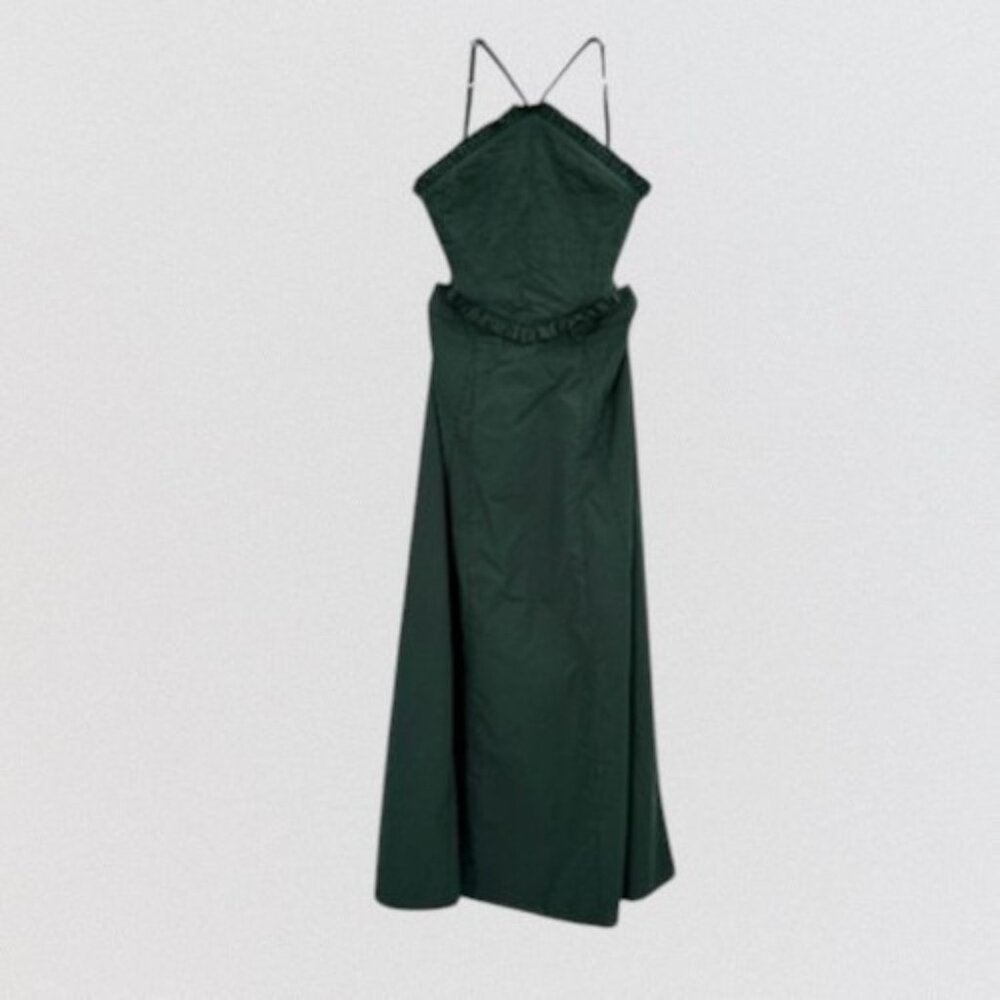 Bird & Knoll Forest Green Lyla Midi Dress size XS Strappy Cotton Halter Tie Back